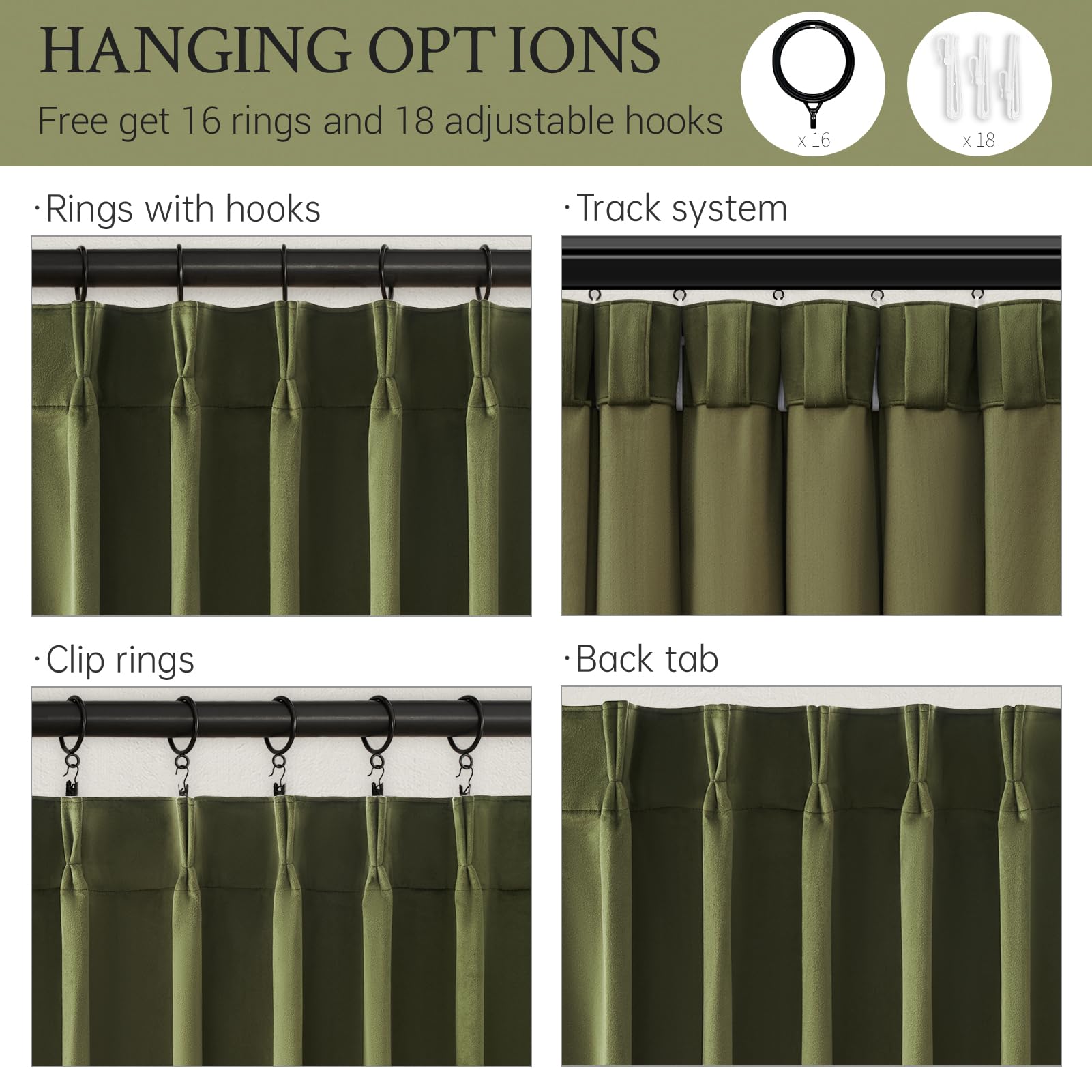 Drapenova back-tab hanging option with rings and hooks included.