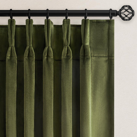 Drapenova olive green velvet curtains, 84-inch panels, privacy and refined style.
