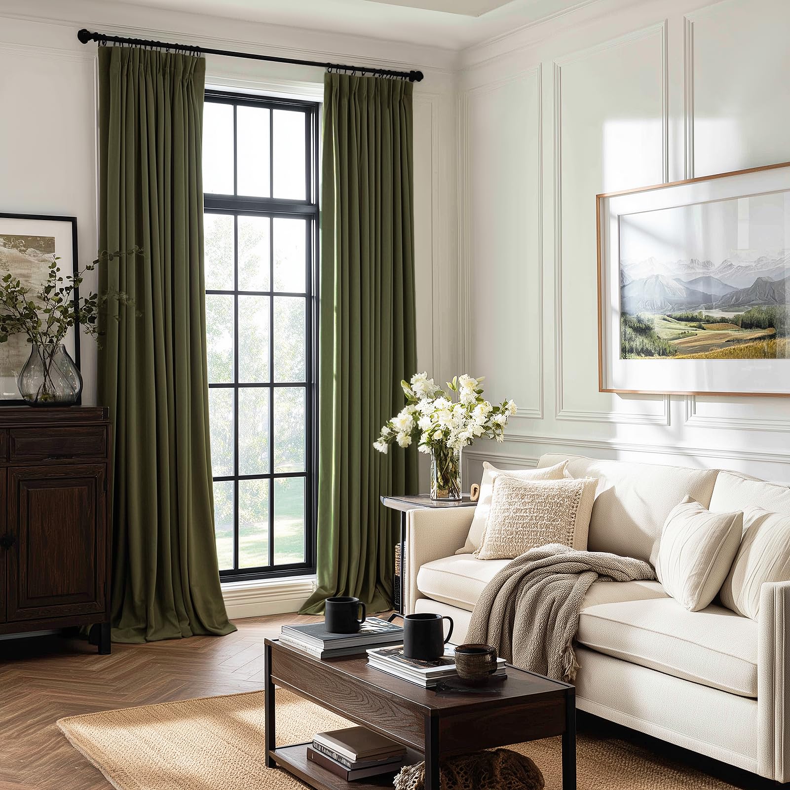 Drapenova olive green velvet curtains close-up fabric, plush texture and rich color.