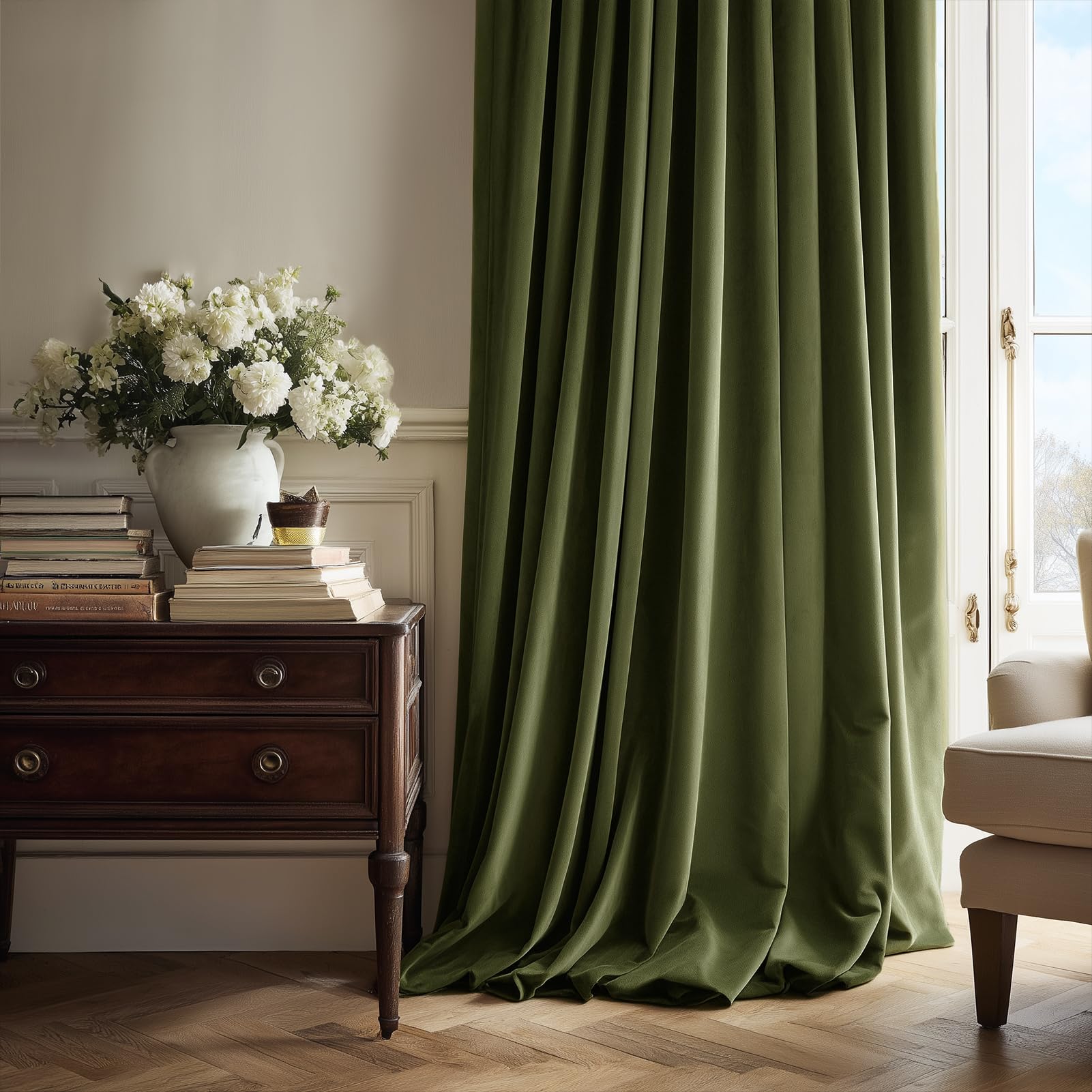 Drapenova moss green velvet curtains block light and add privacy