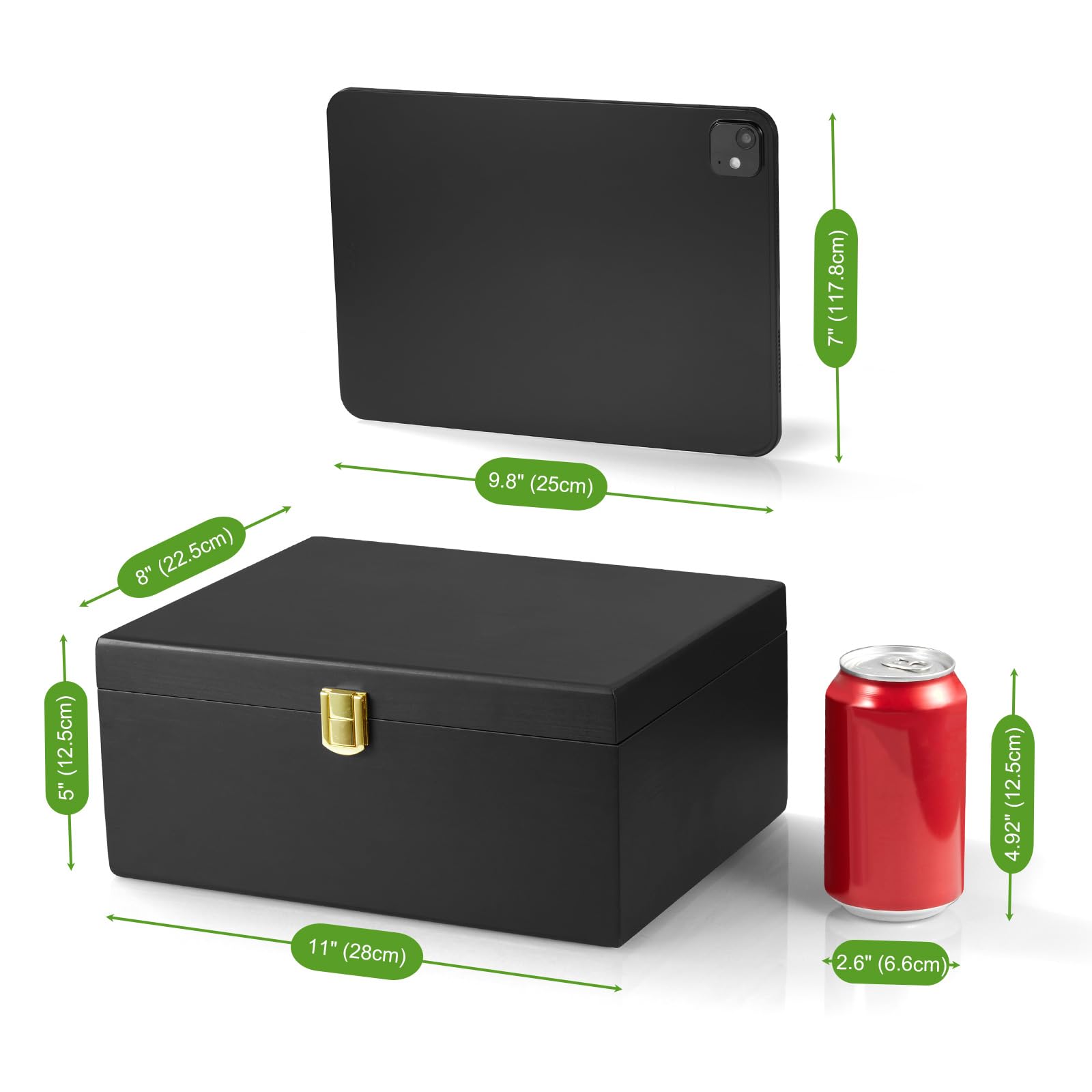 DRASTAR hinged lid with golden latch protects contents.