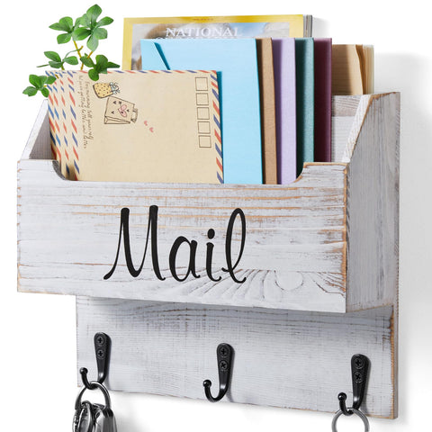 DRASTAR wall-mounted mail organizer with three hooks for keys and small items.