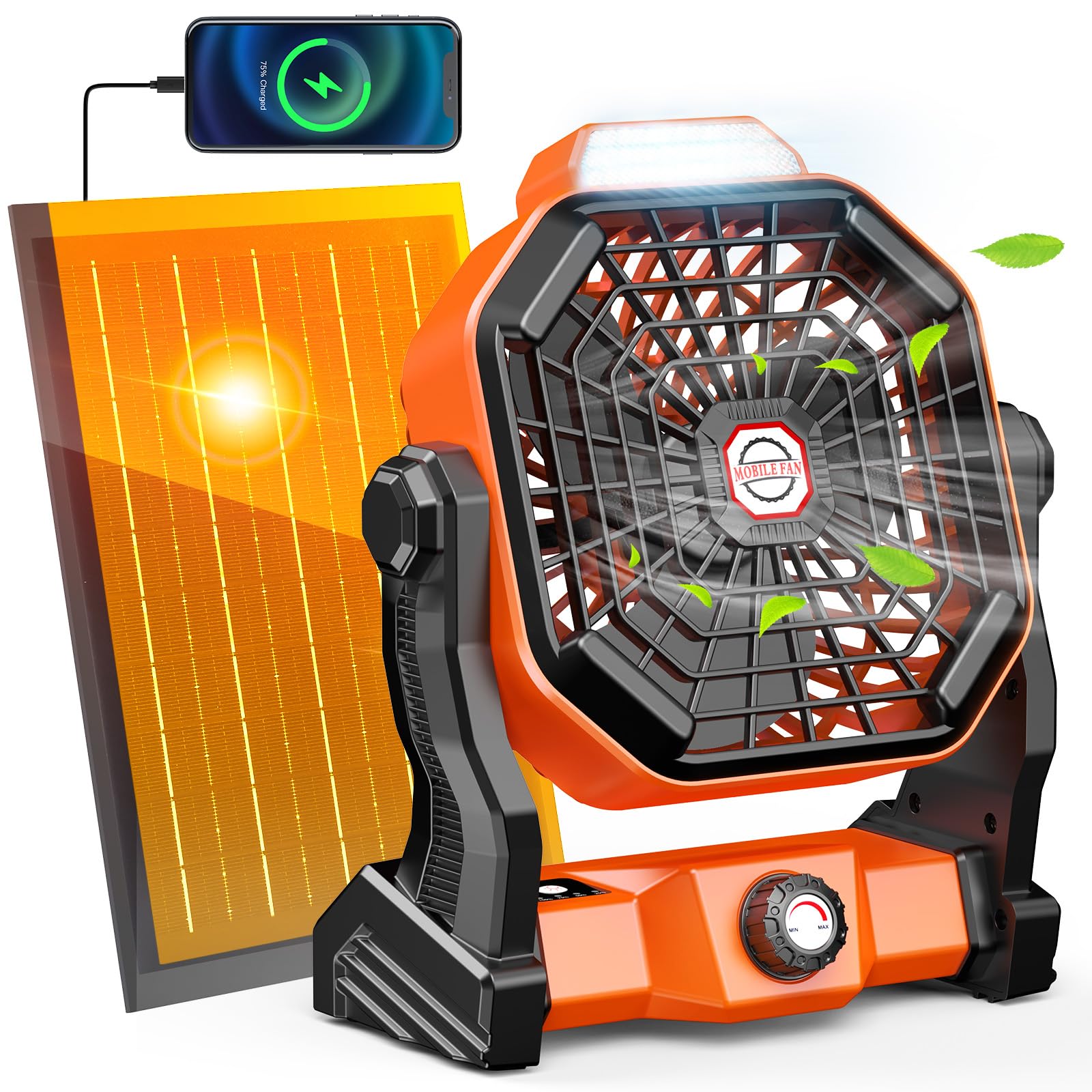 Drchop rechargeable solar fan front view for camping comfort