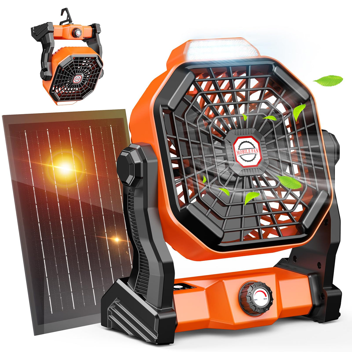 Drchop solar camping fan with external panel charging in bright sun for campsite cooling.