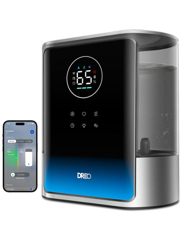 DREO 8L humidifier front view shows broad moisture distribution for large rooms