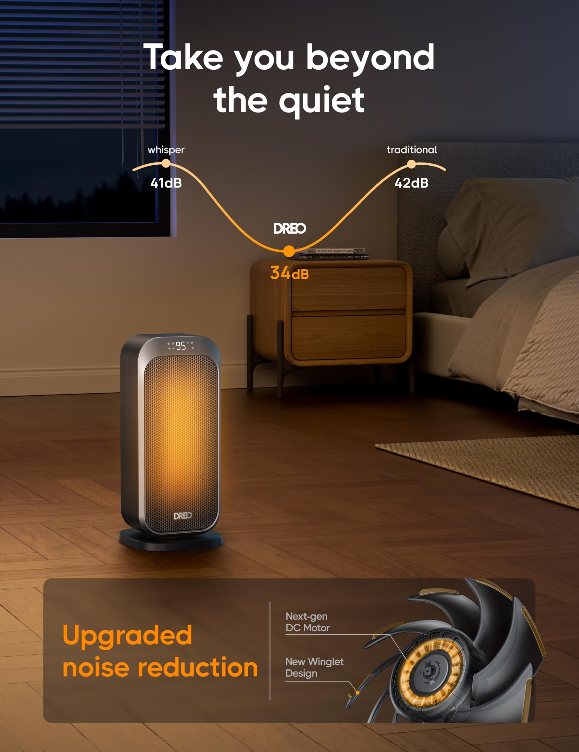 DREO ultra-quiet operation keeps spaces serene while heating