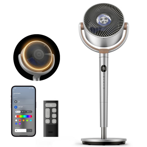 DREO Smart Fan bedroom front view highlighting strong airflow for even cooling.
