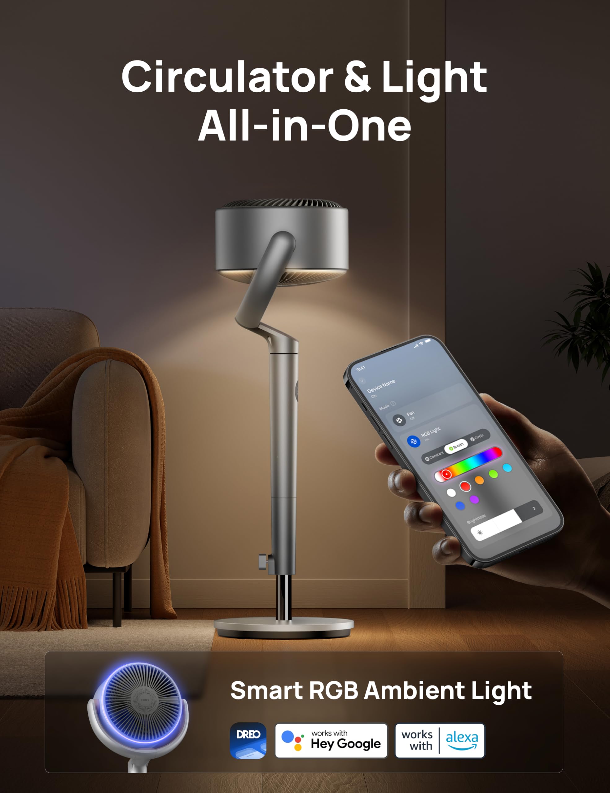 DREO Smart Fan 120° omni-oscillation covers entire room evenly.