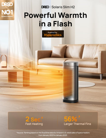DREO space heater in an office setup with timer and safe heat