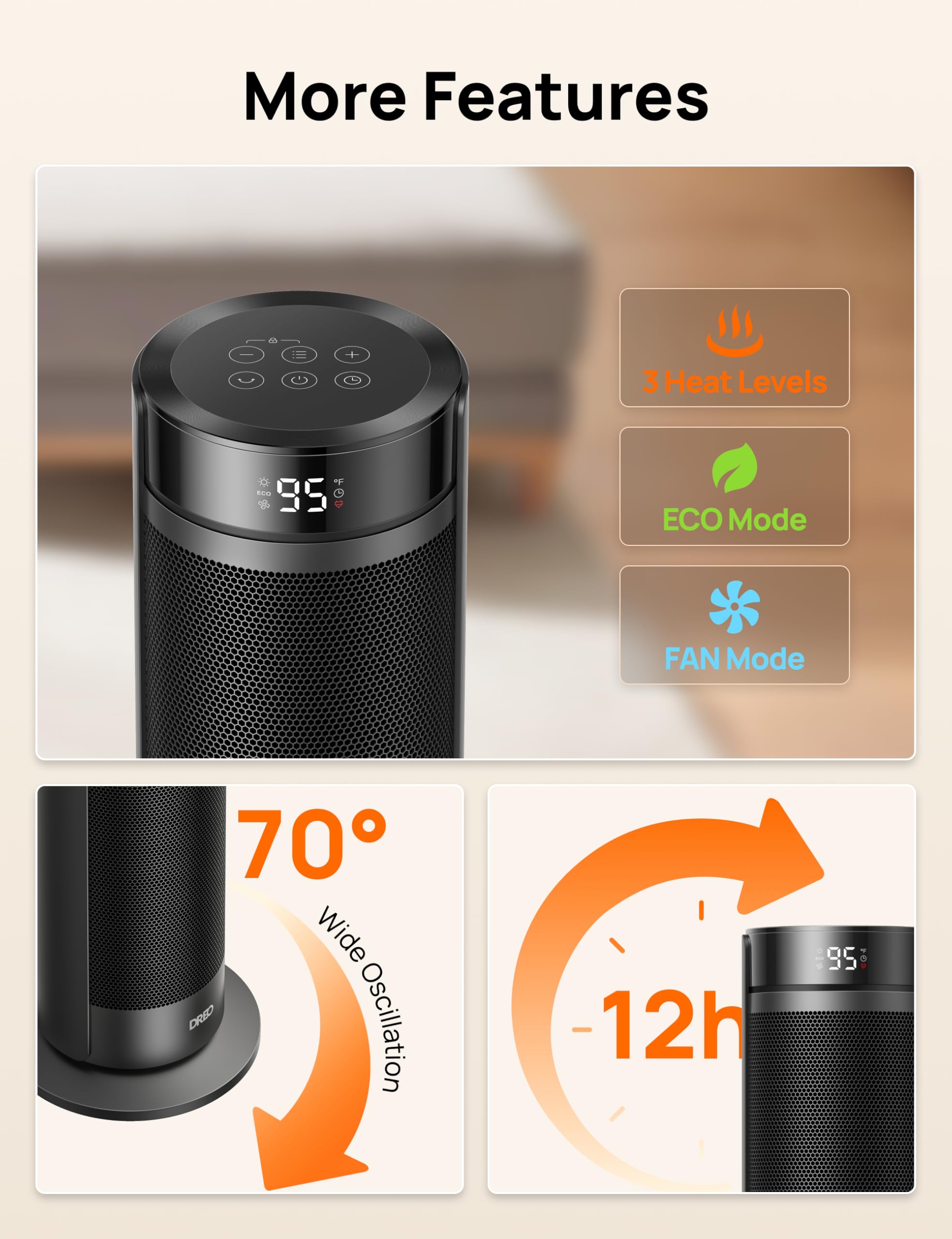 DREO space heater 70-degree oscillation ensures even warmth throughout the room