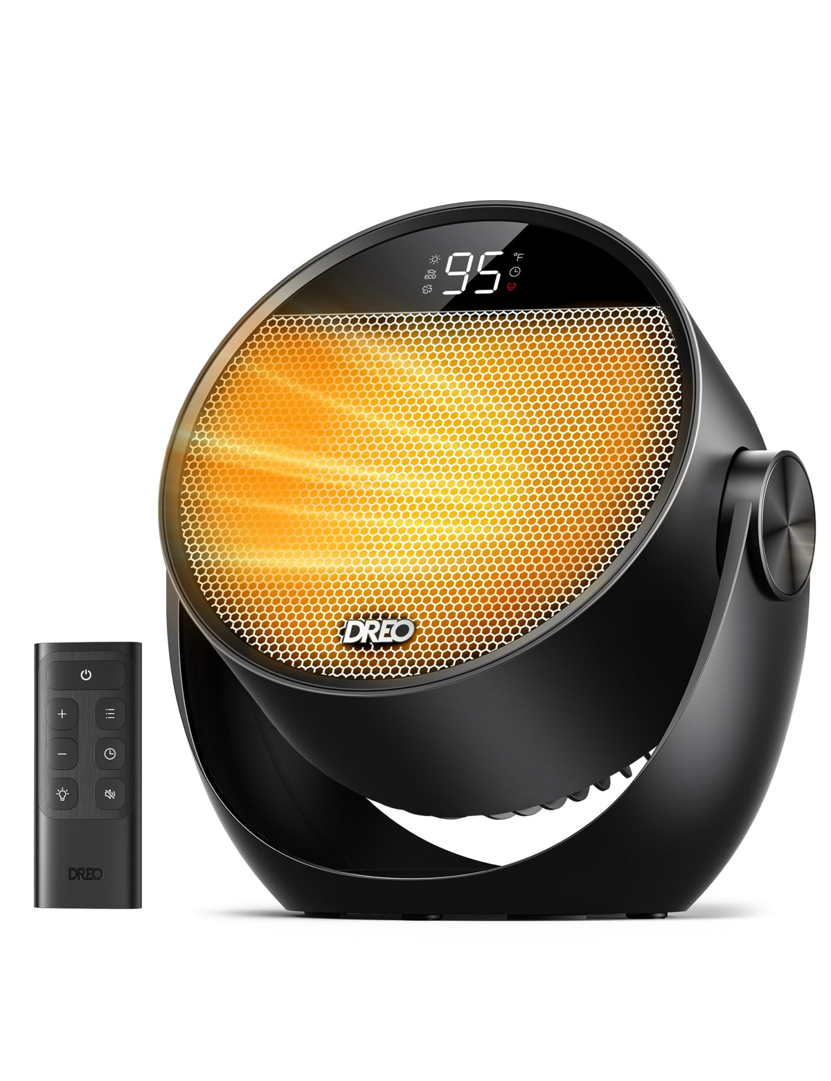 DREO space heater tilted 60°, delivering full-body warmth