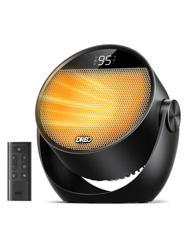 DREO space heater tilted 60°, delivering full-body warmth