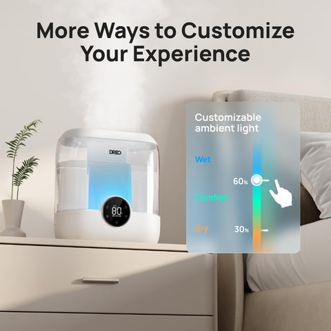 DREO humidifier with adjustable 15-degree nozzle for precise mist direction.