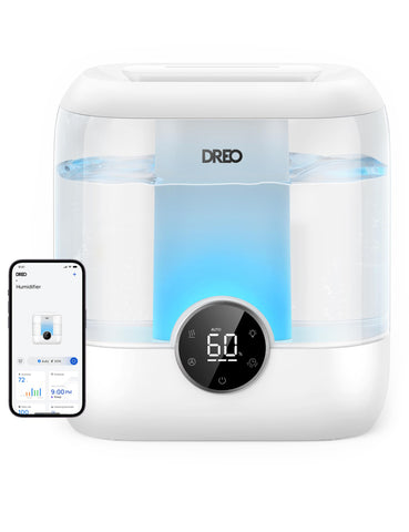 DREO smart humidifier top-fill 6L for easy refills in bedrooms and living areas.