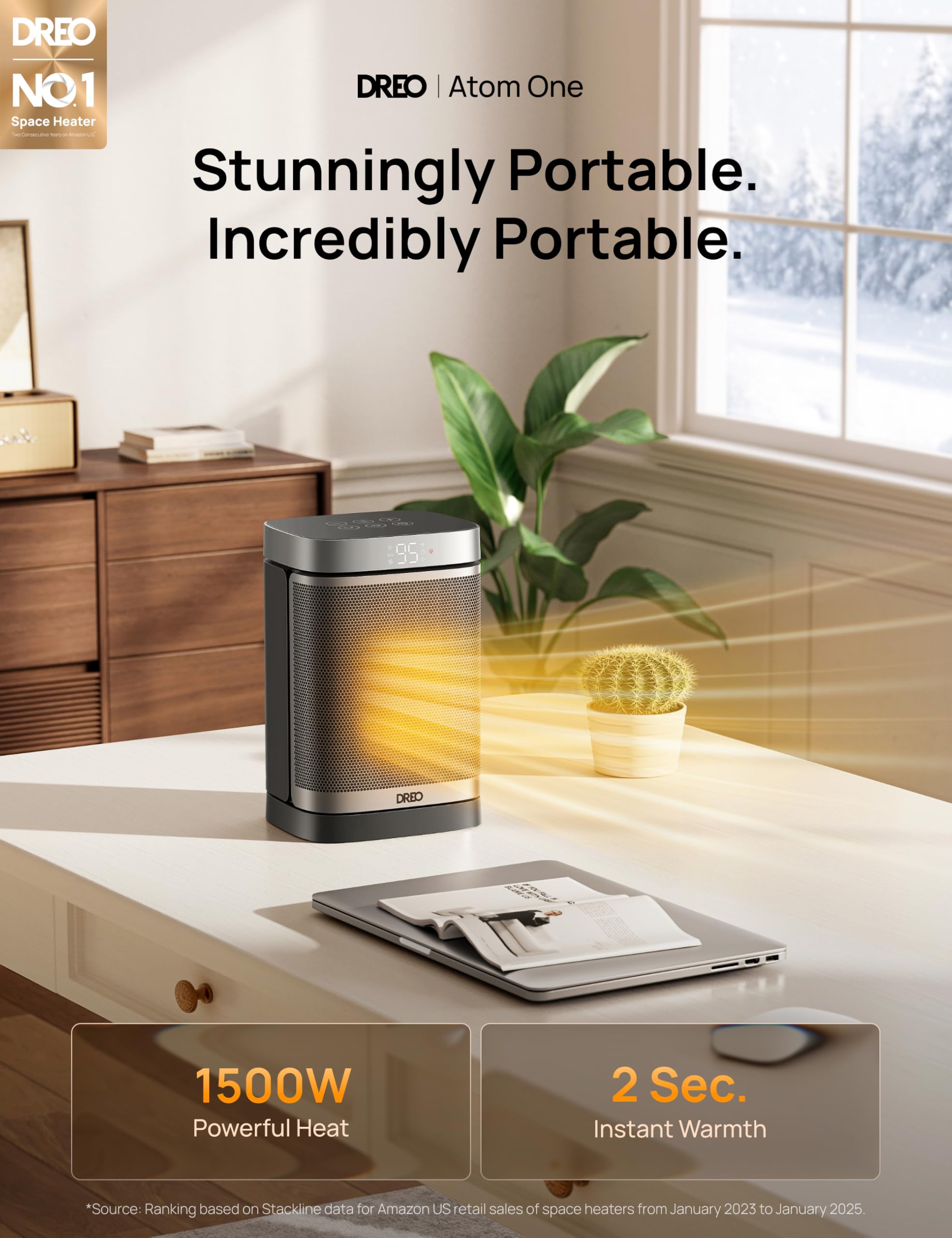 DREO Space Heater digital thermostat display shows precise comfort settings.