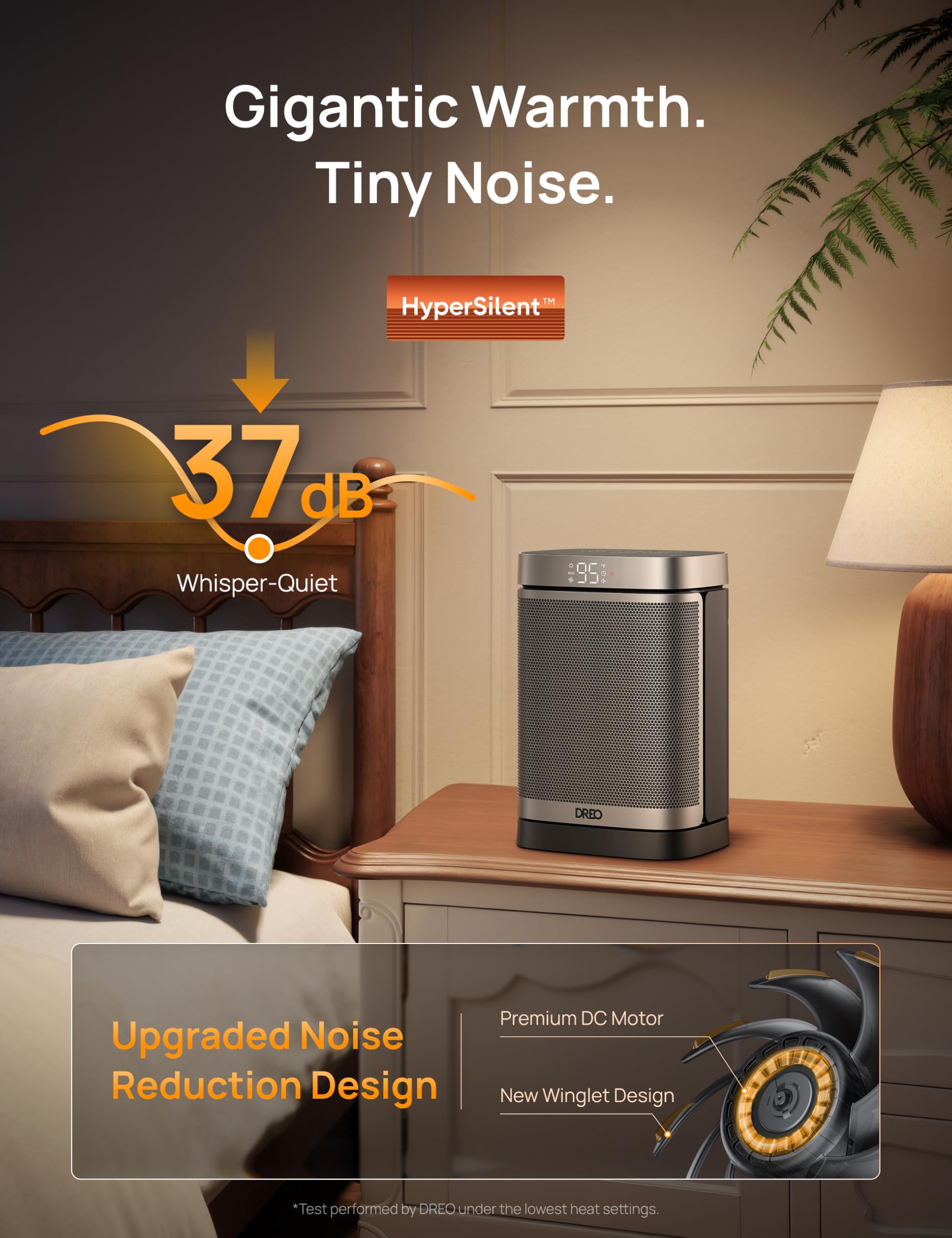 DREO Space Heater eco mode lowers energy use while maintaining comfort.