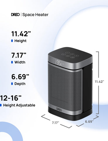 DREO Space Heater front view showcases compact, space-saving design.
