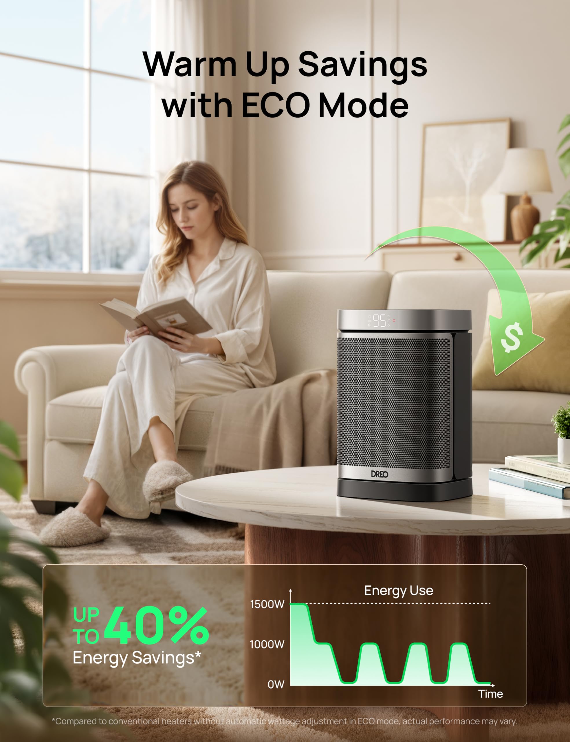 DREO Space Heater 12h timer helps schedule warmth for focused sessions.