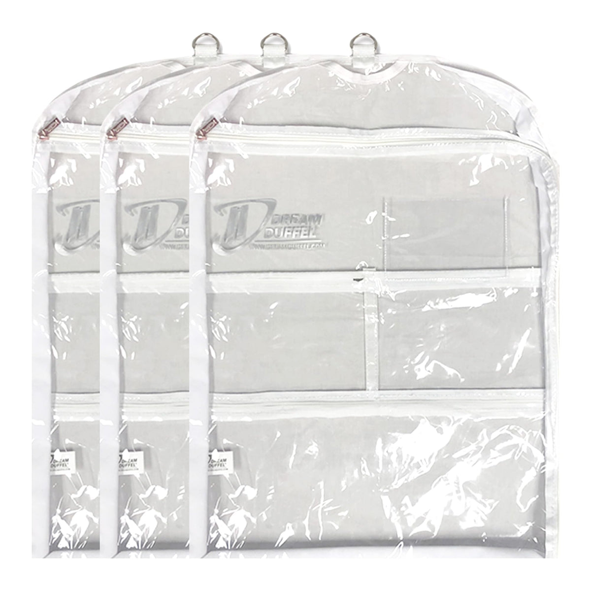 Dream Duffel clear garment bag with side zipper for quick costume access.