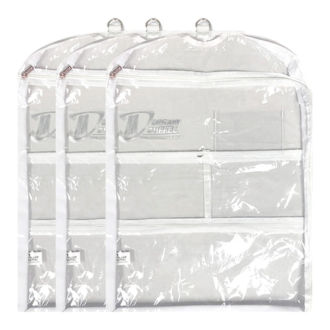 Dream Duffel clear garment bag with side zipper for quick costume access.