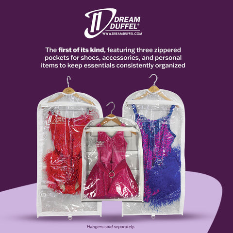 Dream Duffel clear bag showing full-length compartment for organized costumes.