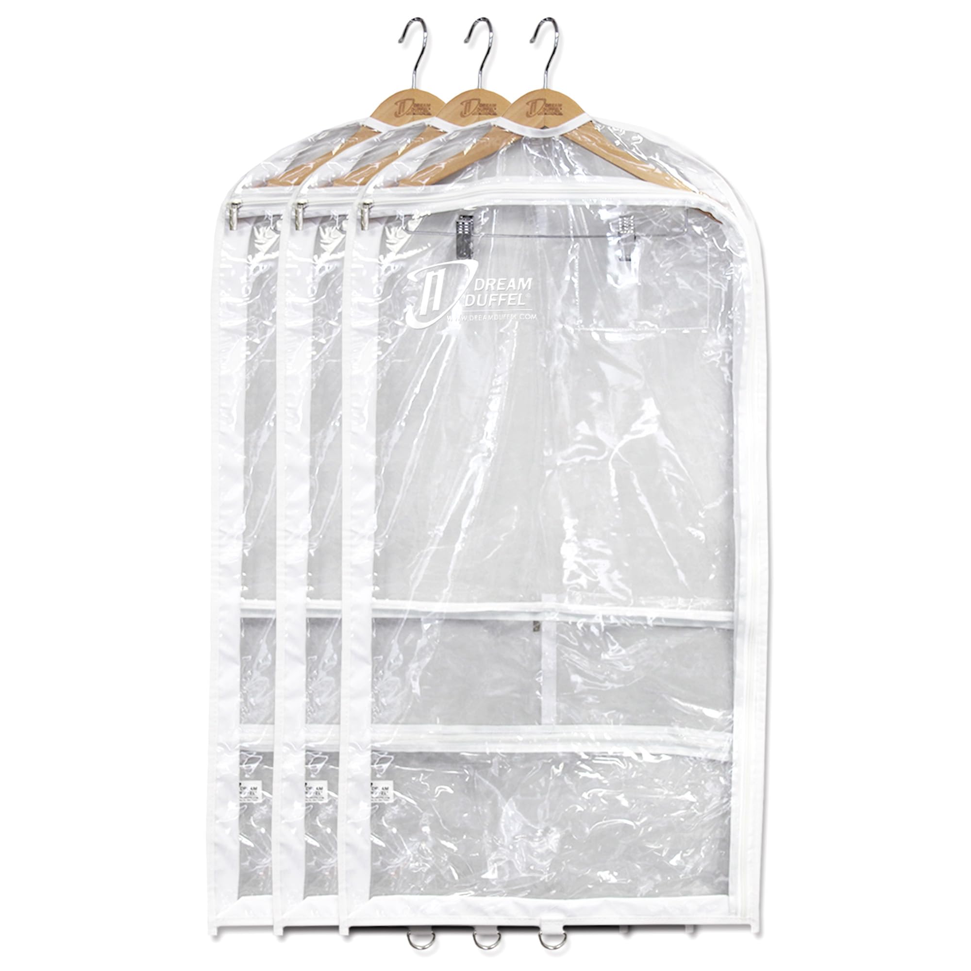 Dream Duffel clear garment bags with three pocket design keep shoes organized on the go