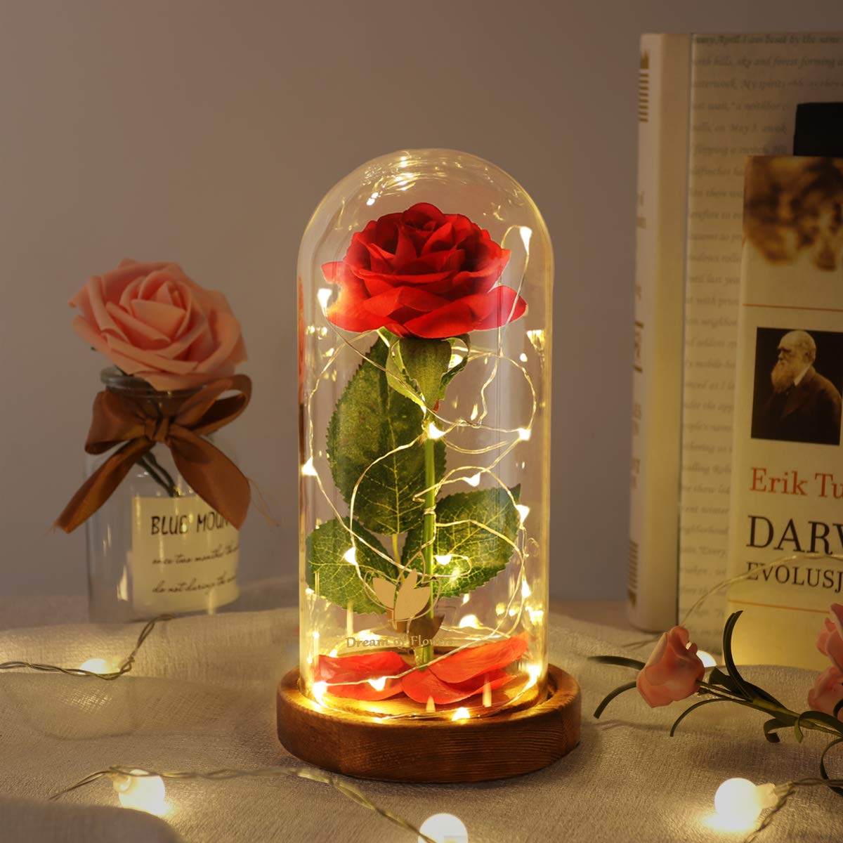 Dream of Flowers preserved red rose under dome adds timeless glow in grandma's home.