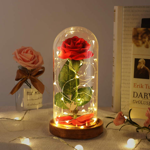 Dream of Flowers preserved red rose under dome adds timeless glow in grandma's home.