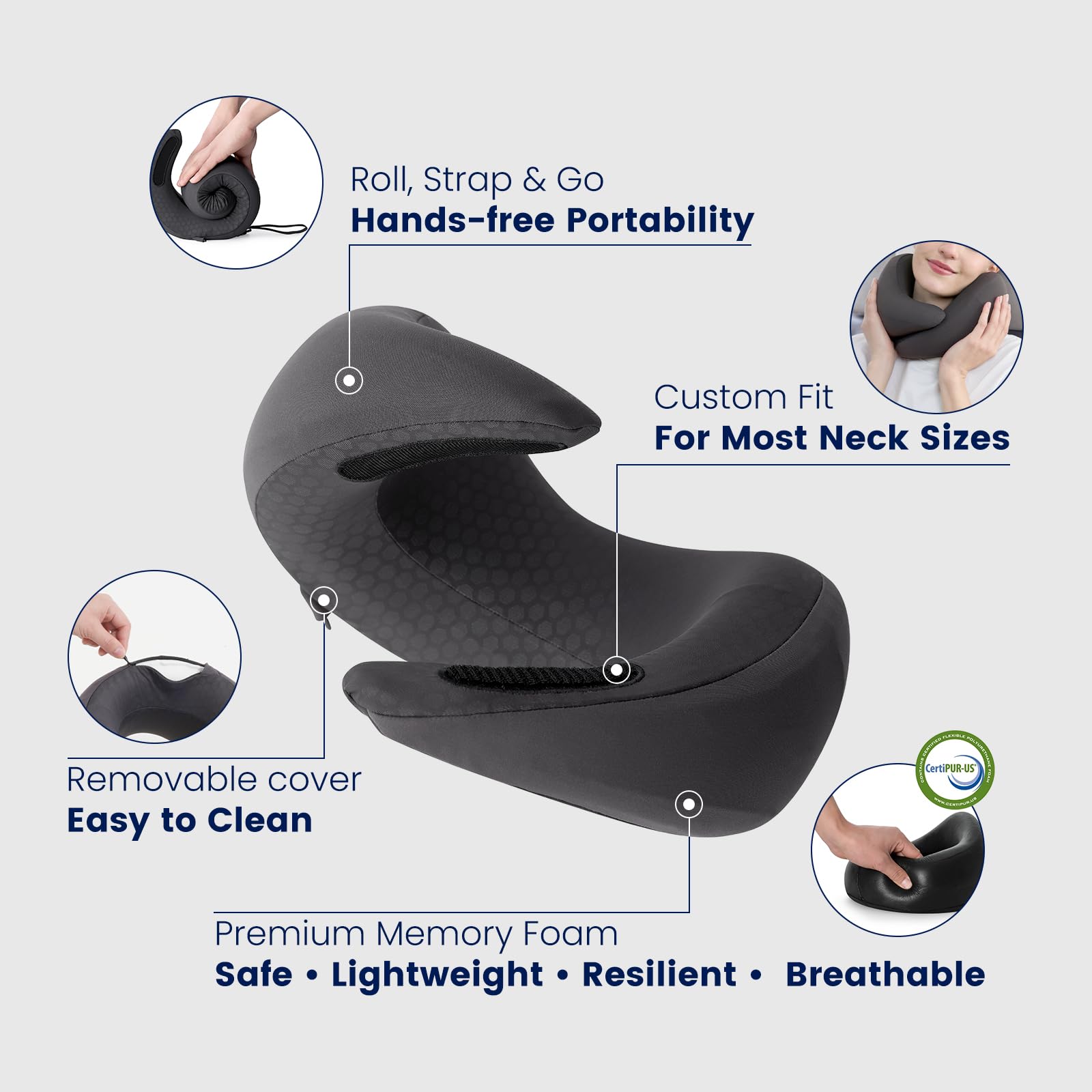 Dream Valley neck pillow roll-up strap for easy packing.