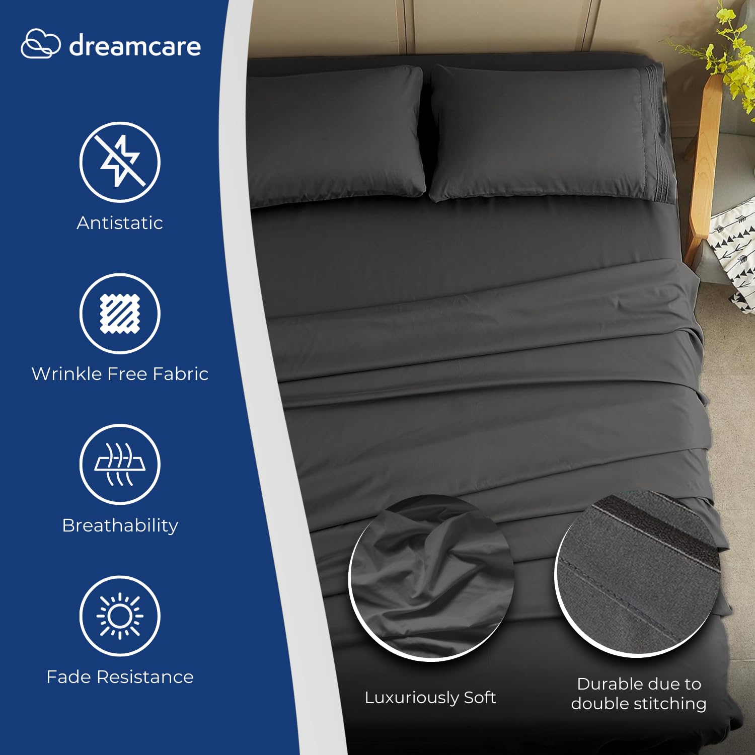 DREAMCARE California King fitted sheet close-up showing a 21-inch deep pocket for secure fit.