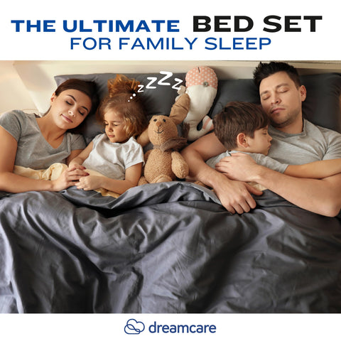 DREAMCARE gray bedroom scene showcases a calm, luxurious sleep atmosphere.