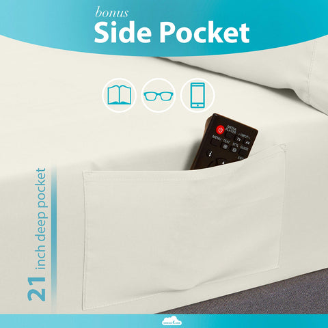 Side pocket detail keeps essentials like phone or remote within reach.