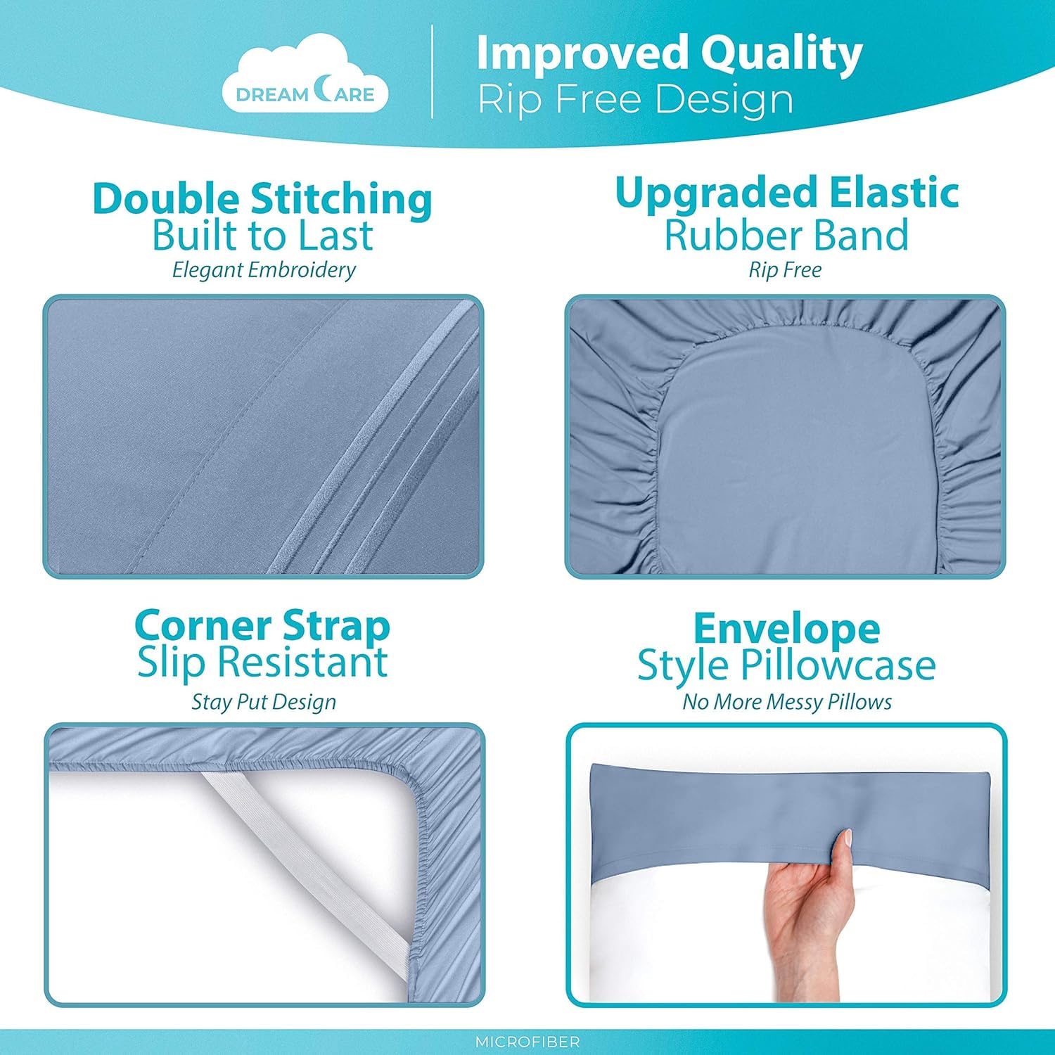 DreamCare fitted sheet corner strap closeup shows secure fit.