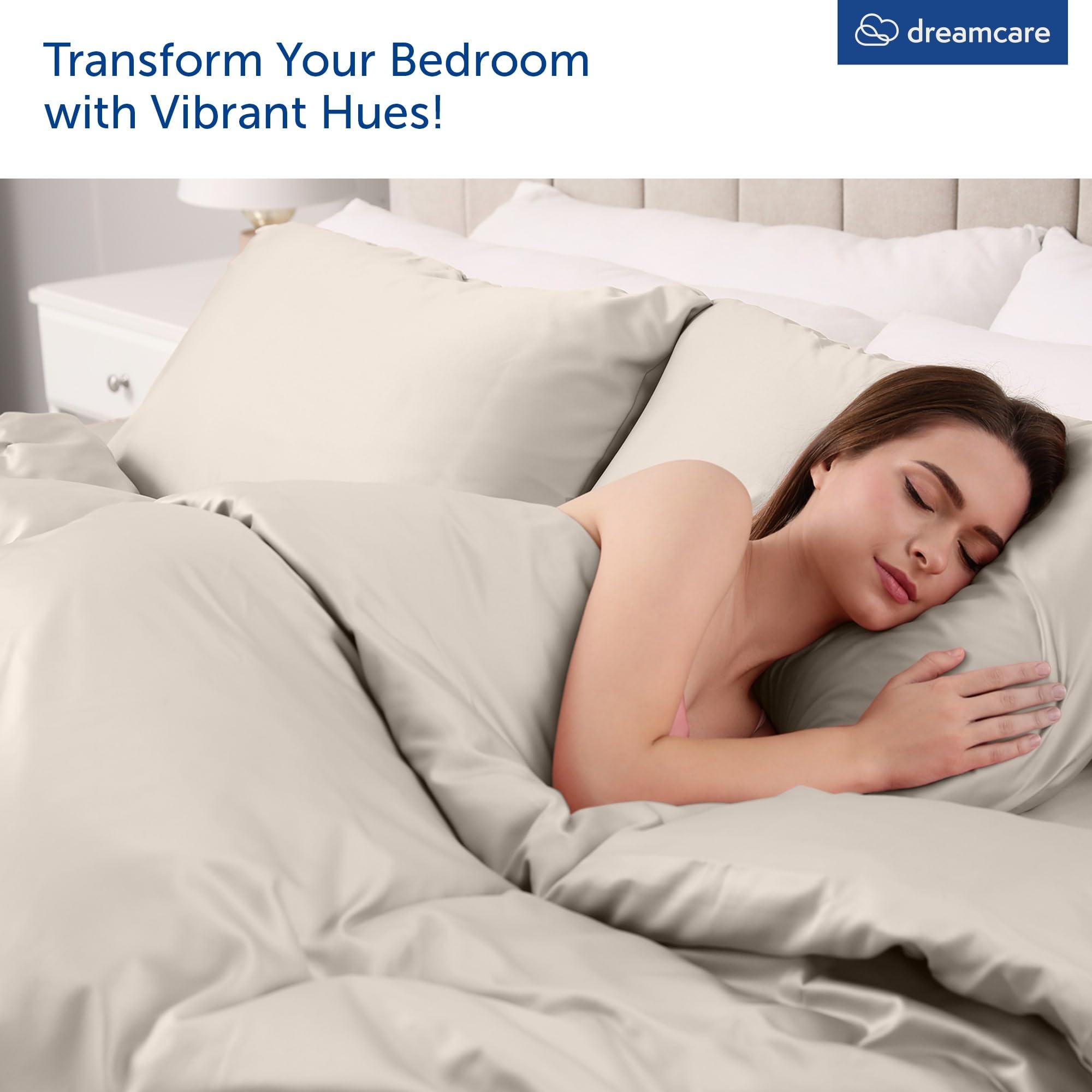 DREAMCARE King Size Sheets Set deep-pocket fit closeup highlights 21-inch pocket compatibility.