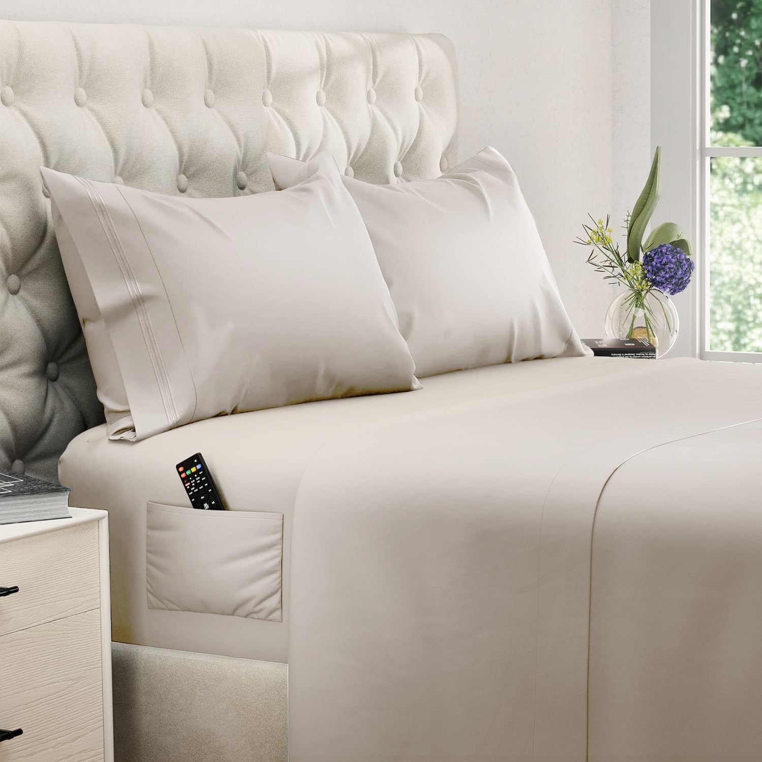 DREAMCARE king size fitted pocket sheet shows snug fit and luxury touch.