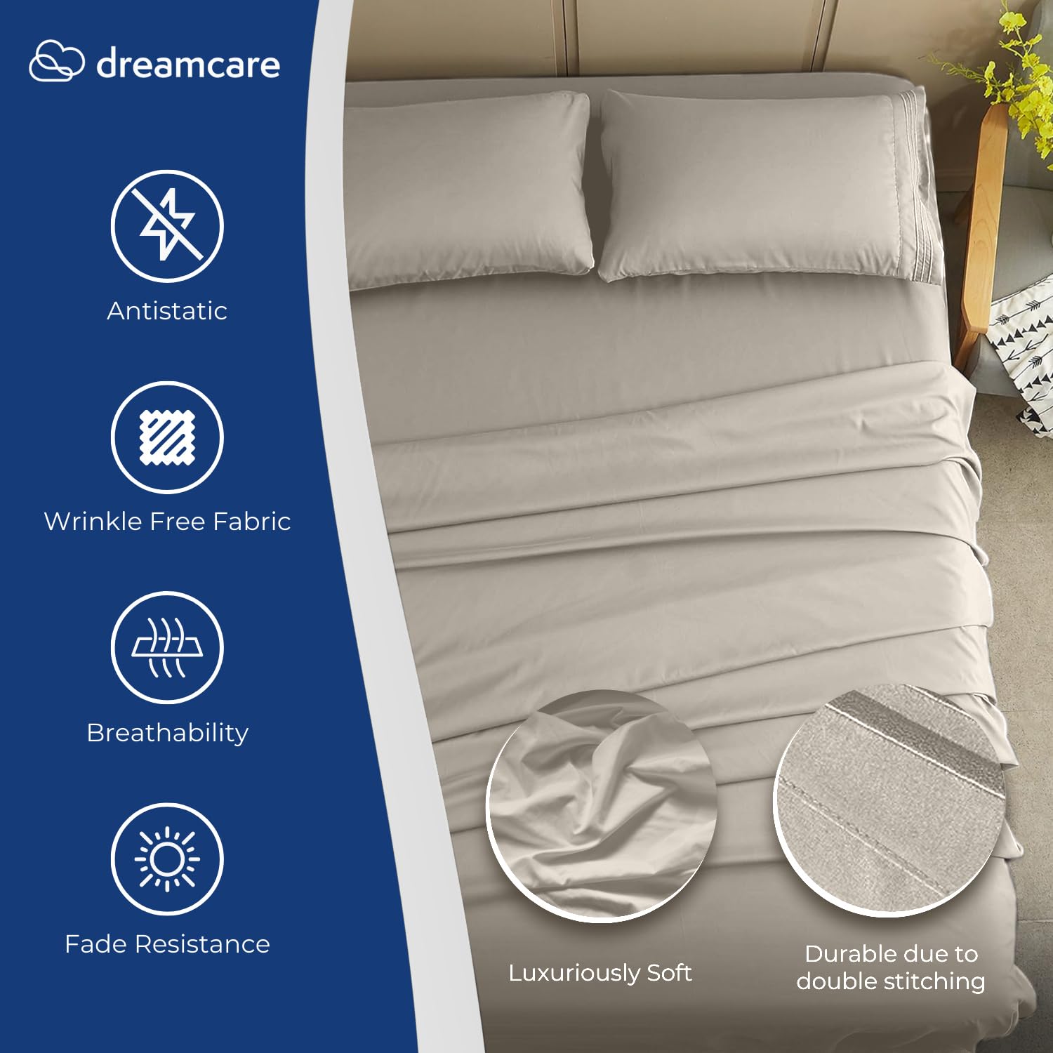 DreamCare king size sheets flat-sheet close-up highlights silky microfiber softness