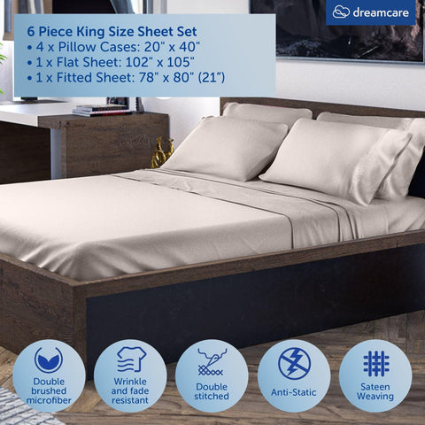 DREAMCARE King Size Sheets Set microfiber closeup showcases soft feel and allergy-friendly properties.