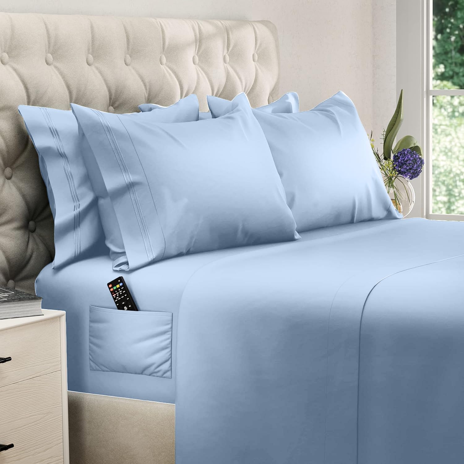 DreamCare king size sheets side pocket closeup for easy access to essentials.