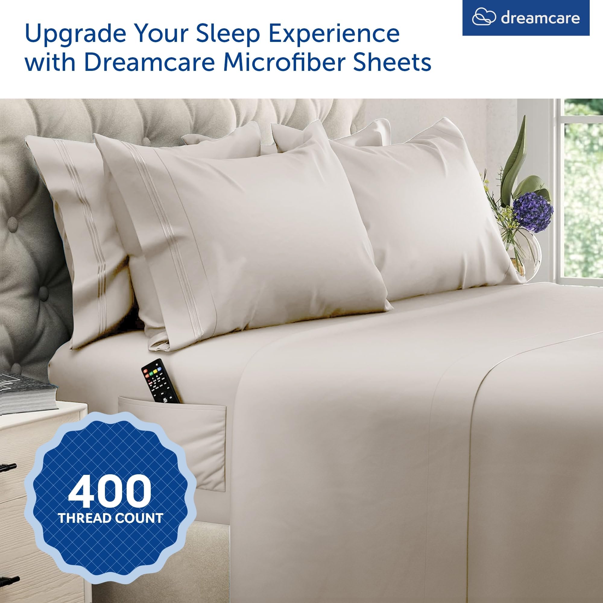 DREAMCARE King Size Sheets Set side-pocket closeup shows convenient storage for phone or remote.