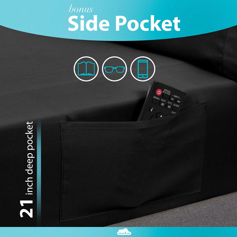 DREAMCARE king-size sheets side pocket demonstrates convenient bedside storage.