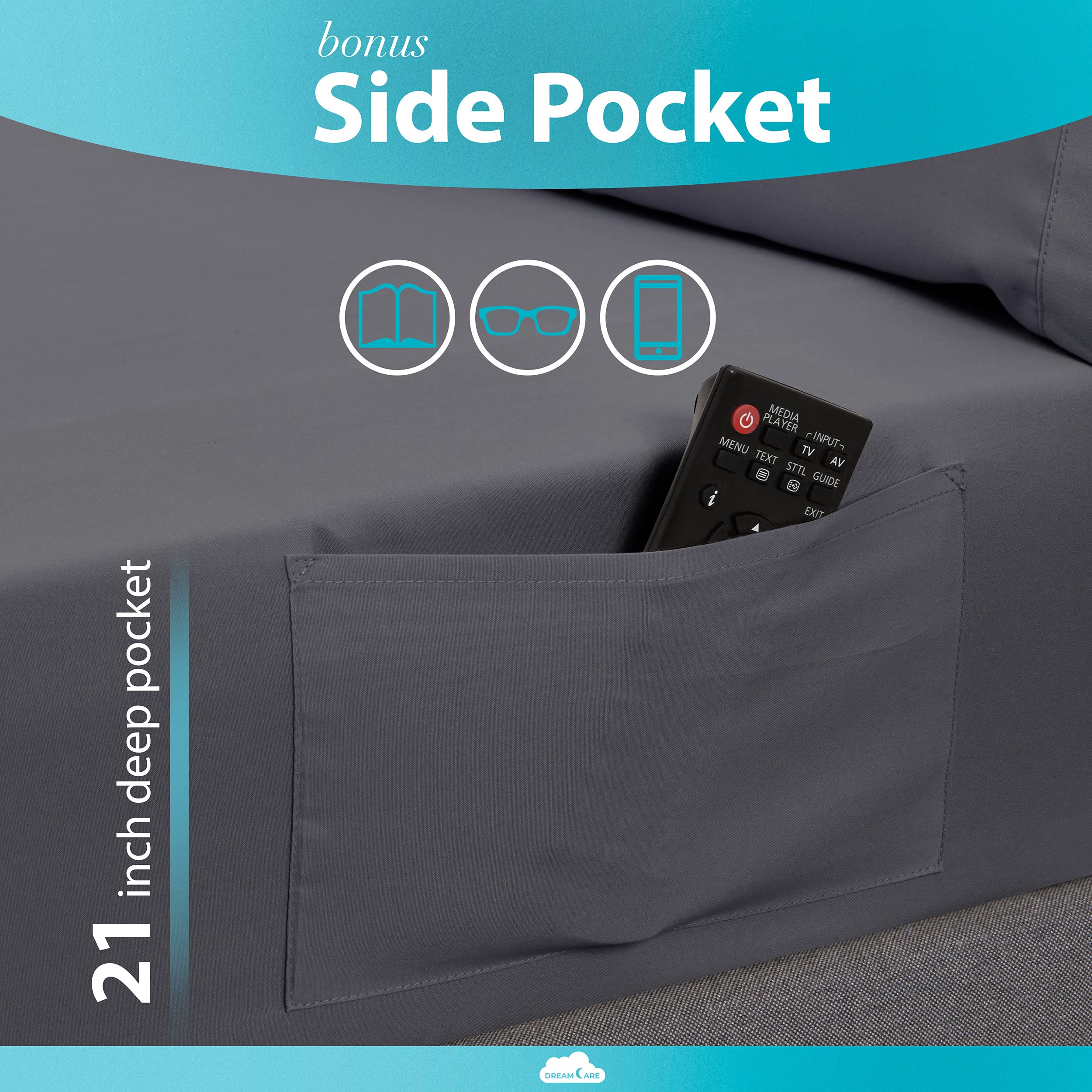 DreamCare Queen Sheet Set side-pocket closeup highlights convenient storage for essentials.