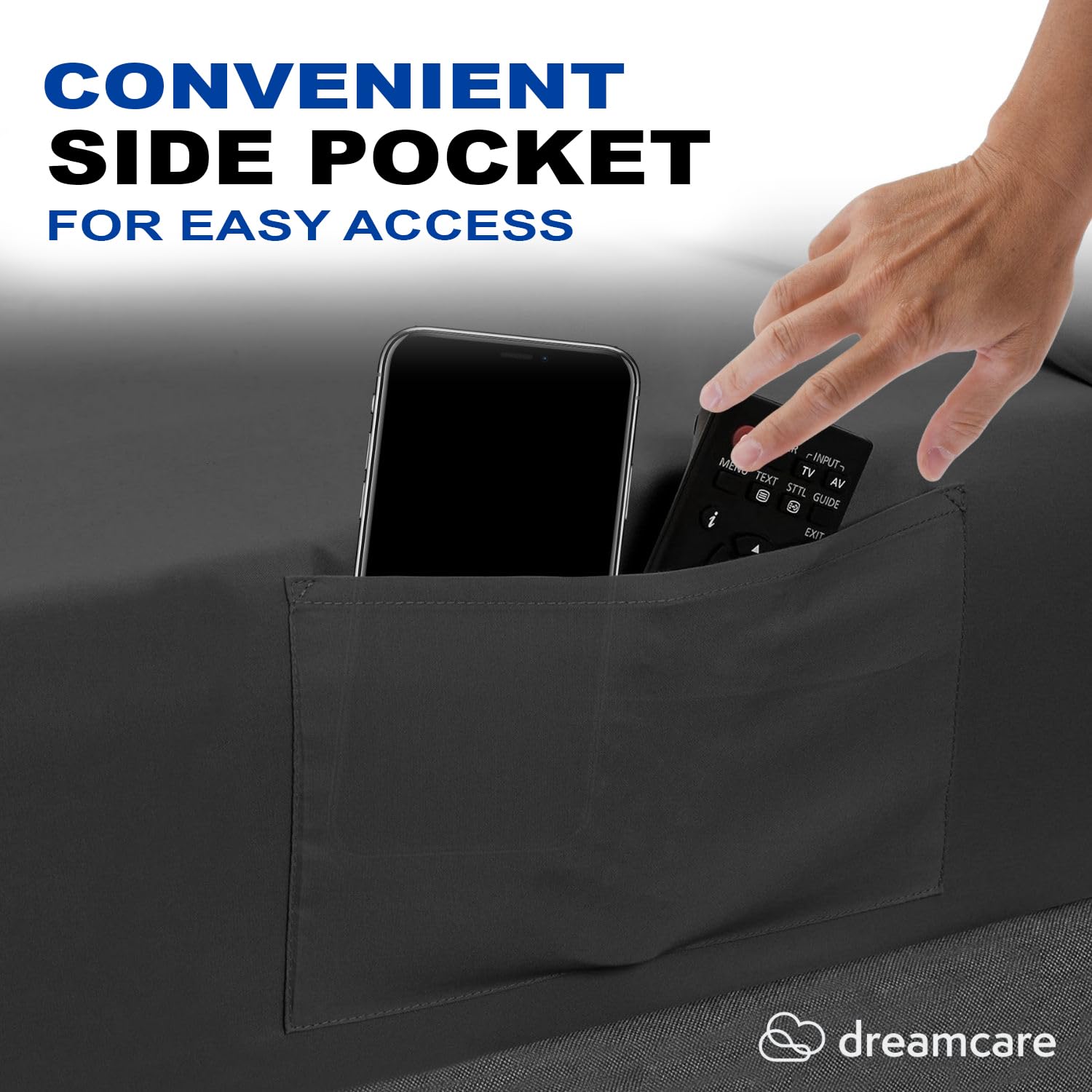 DREAMCARE sheets on bed show wrinkle-resistant, color-safe microfiber for easy care.
