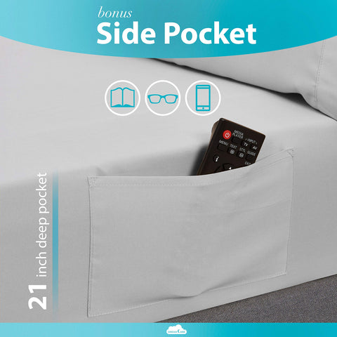 DREAMCARE fitted sheet with side pocket for bedside essentials.