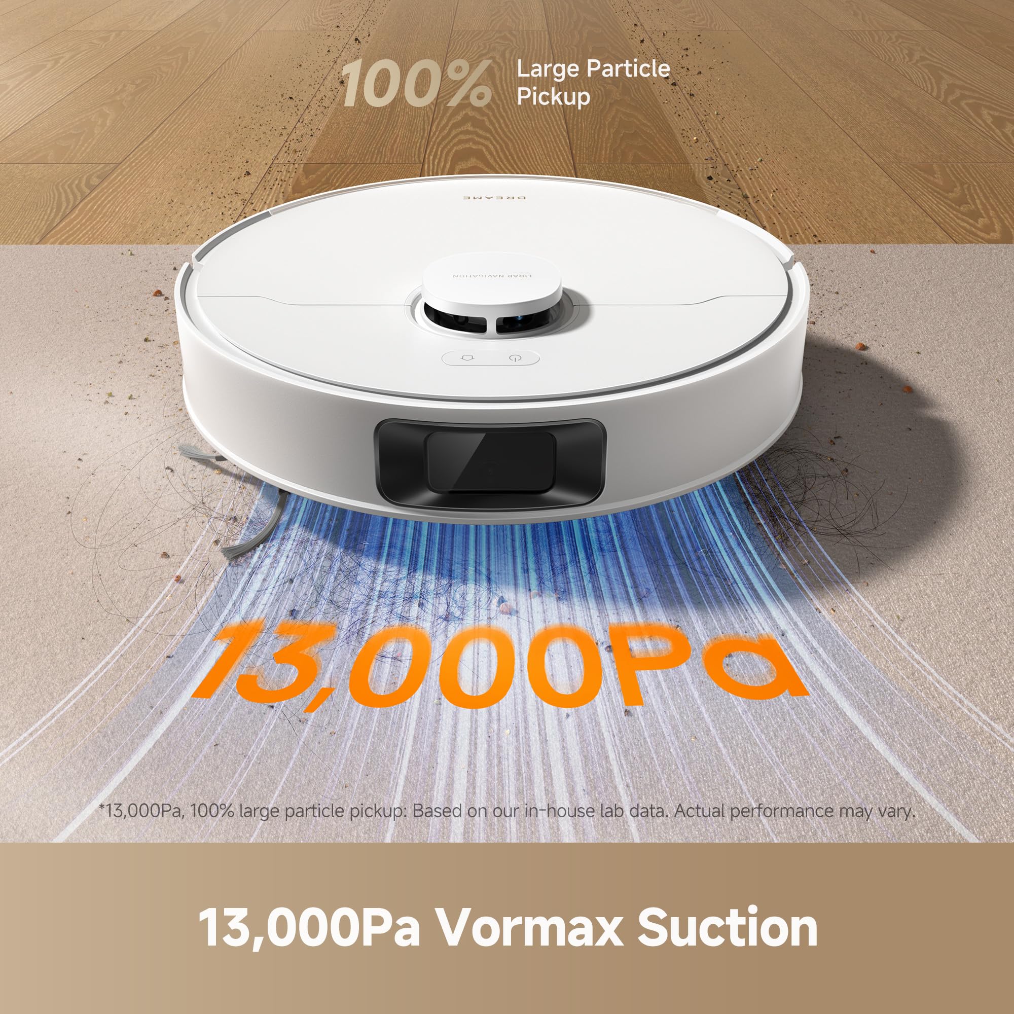 DREAME D20 Plus 13000Pa suction powers heavy debris pickup.