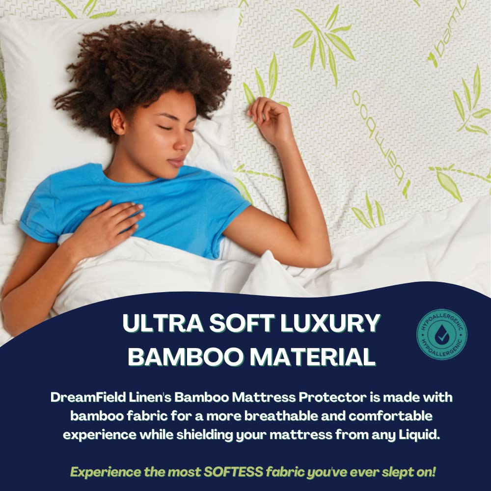 DreamField Linen bamboo cooling mattress protector, ultra-soft jacquard fabric enhances comfort.
