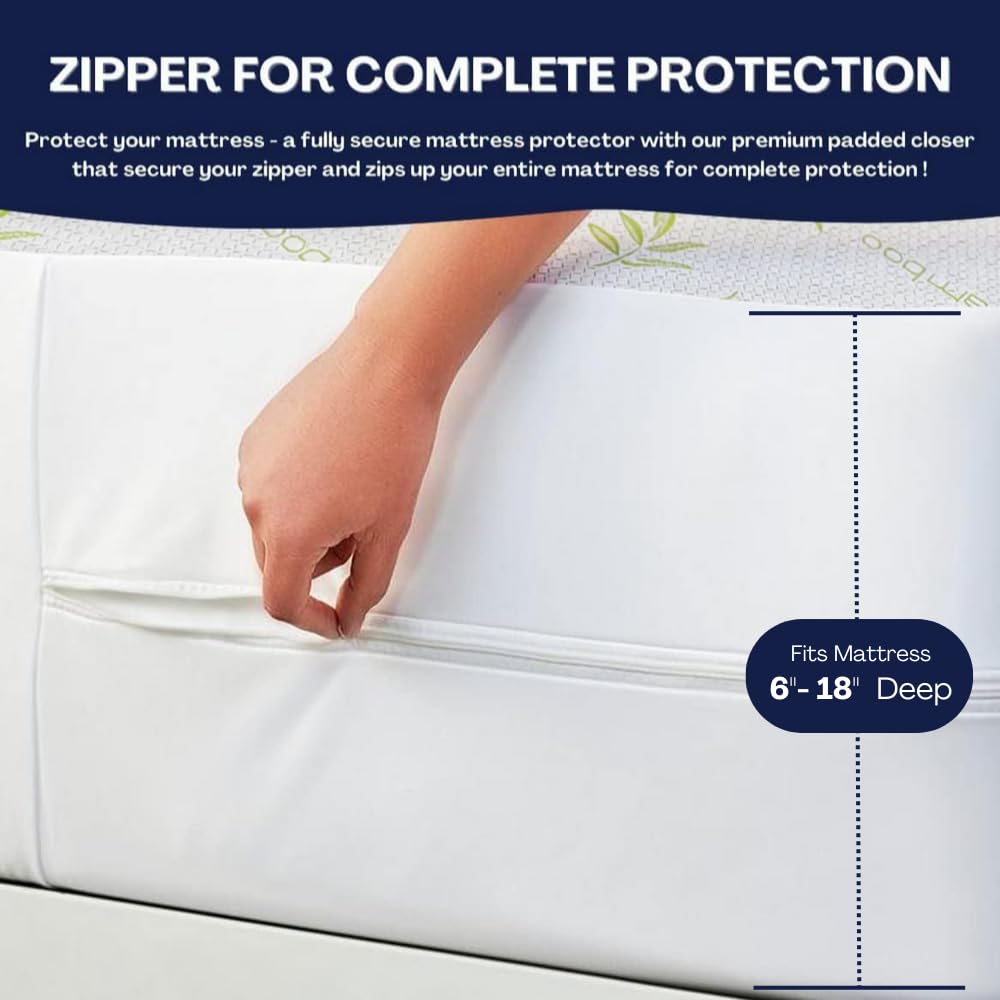 DreamField Linen bamboo cooling mattress protector, water-repellent finish guards against spills.