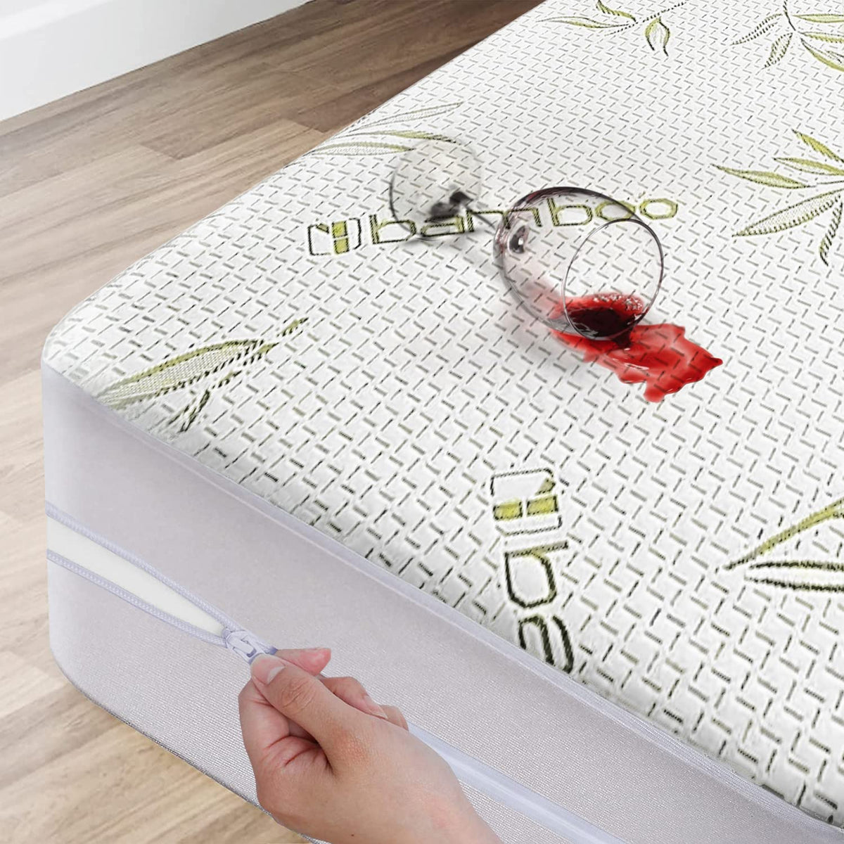 DreamField Linen bamboo protector demonstrates full king-size coverage and secure fit.