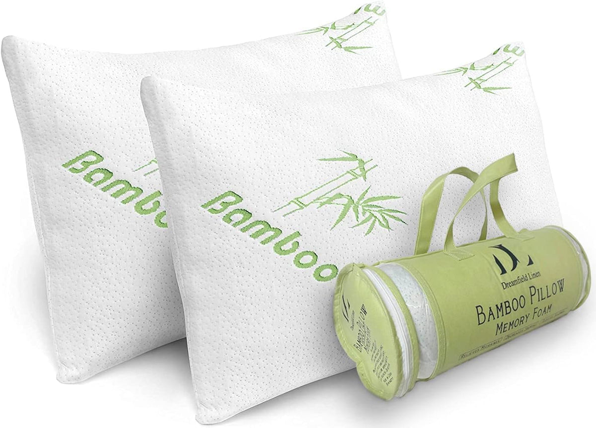 DreamField Linen memory foam pillow close-up showing shredded fill for neck and head support.