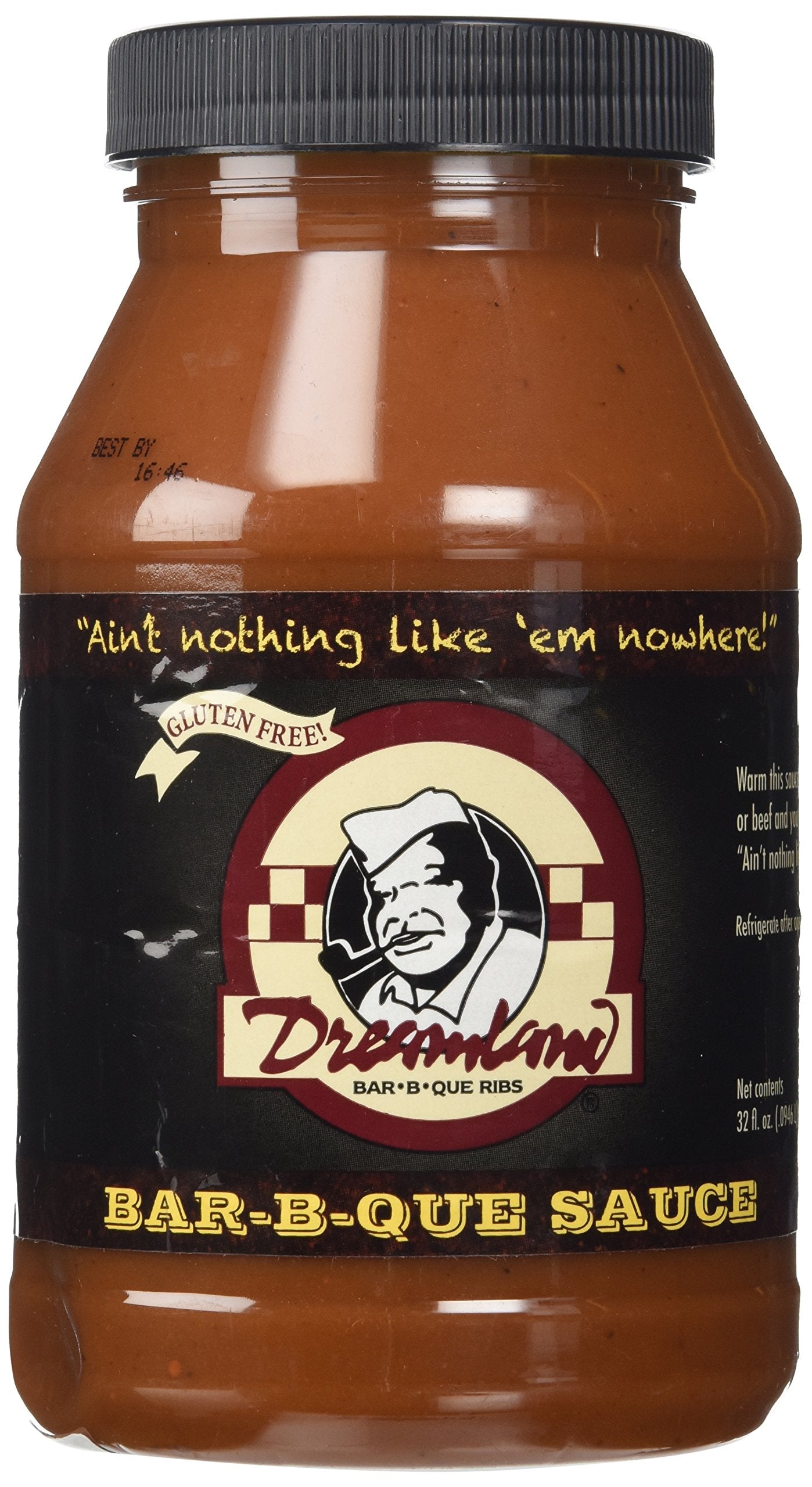 Dreamland Bar-B-Que Sauce 32oz bottle pour adds smoky flavor to ribs and chicken.