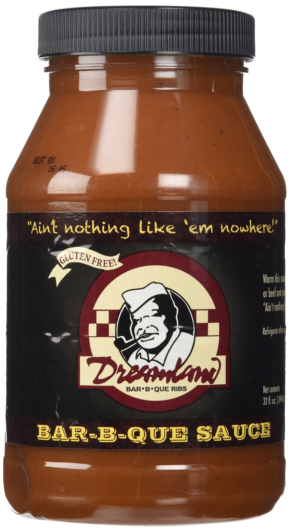 Dreamland Bar-B-Que Sauce 32oz bottle pour adds smoky flavor to ribs and chicken.